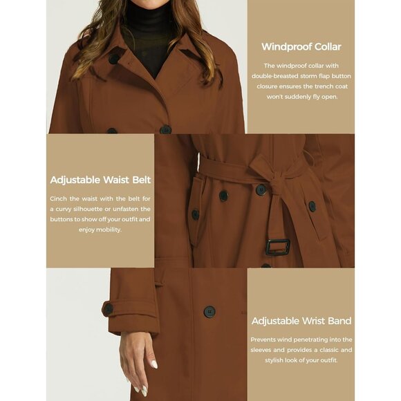 Women's Caramel Waterproof Trench Coat with Classic Lapel and Belted Design - Picture 5 of 6